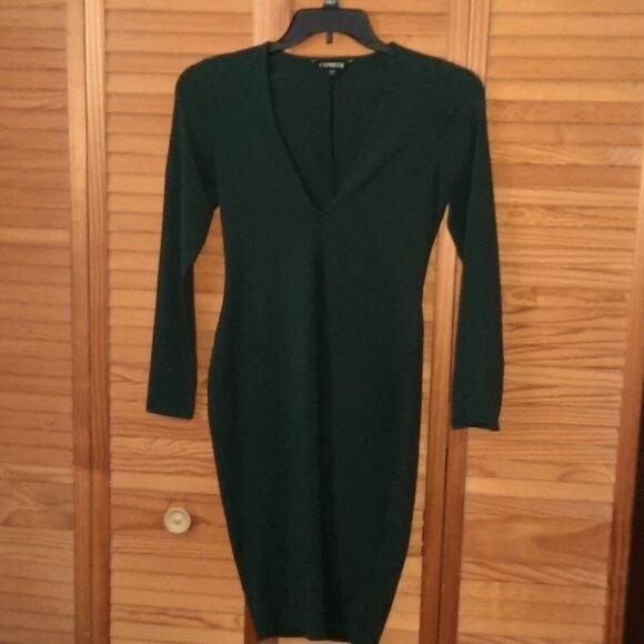 Express Hunter Green Long Sleeve Midi Bodycon Dress Size Small Petite - Picture 1 of 5